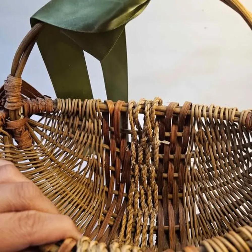 Wicker Basket with Green Ribbon, Broken Handle. Flat side. Wall decor